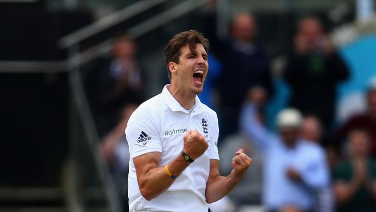 BIRMINGHAM, ENGLAND - JULY 29:  Steven Finn of England celebrates after taking the wicket of  Steve Smith of Australia during day one of the 3rd Investec A