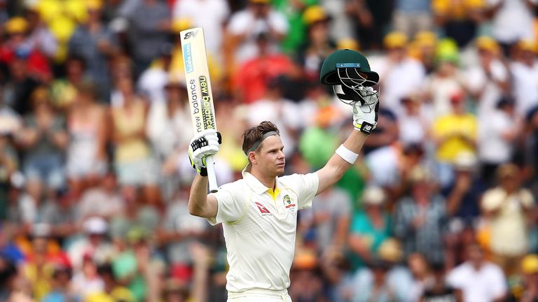 Steve Smith of Australia celebrates his century during day three of the First Test Match of the 2017/18 Ashes Series