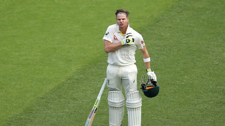 Steve Smith of Australia celebrates after reaching his century during day three of the First Test Match of the 2017/18 