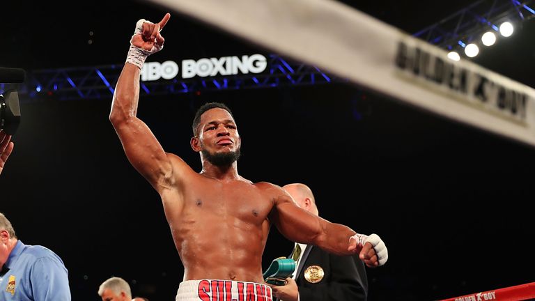 Sullivan Barrera celebrates his win against Joe Smith Jr. during the WBC Intercontinental Light Heavyweight Title