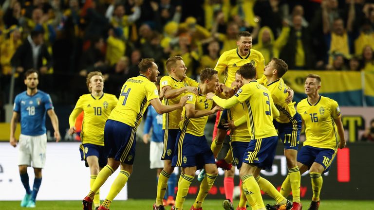 Sweden players celebrate Jakob Johansson's opening goal