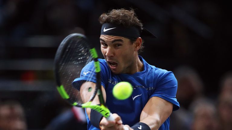 Rafael Nadal of Spain returns a backhand against Chung Hyeon of South Korea during Day 3 of the Rolex Paris Masters