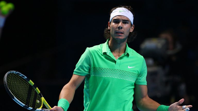 Rafael Nadal of Spain reacts during the men's singles round robin match against Novak Djokovic of Serbia