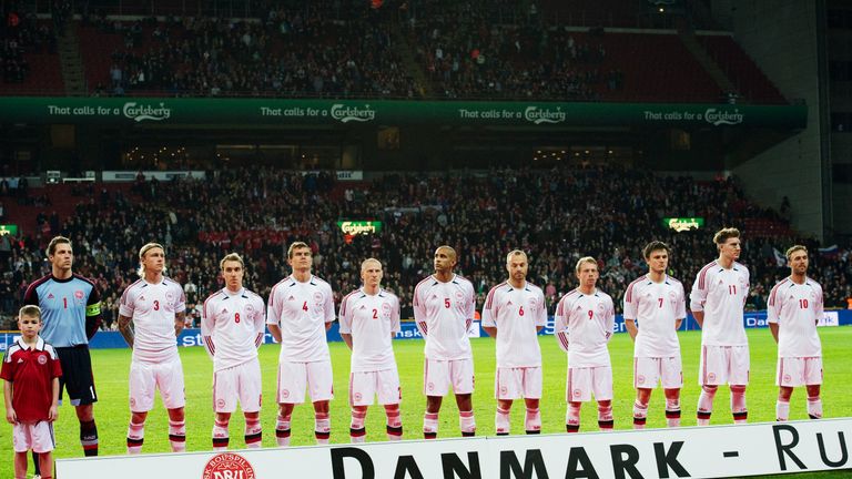 From L to R: Denmark's Goalkeeper Thomas Sorensen, Simon Kjaer, Christian D. Eriksen, Andreas Bjelland, Niki Zimling, Simon Busk Poulsen, Lars Jacobsen, Mi