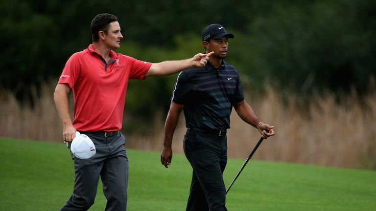 ANTALYA, TURKEY - NOVEMBER 07:  Justin Rose of England and Tiger Woods of the USA have a chat during the first round of the Turkish Airlines Open at The Mo