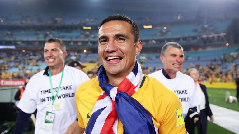 Tim Cahill celebrates as Australia beat Honduras 3-1 in Sydney to reach the 2018 World Cup