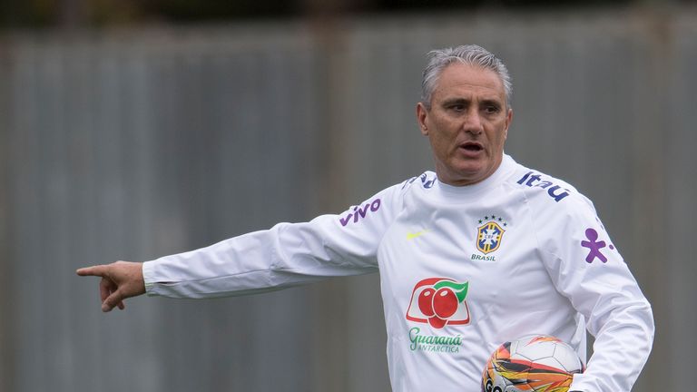 Brazil's coach Tite conducts a training session of the national football team 
