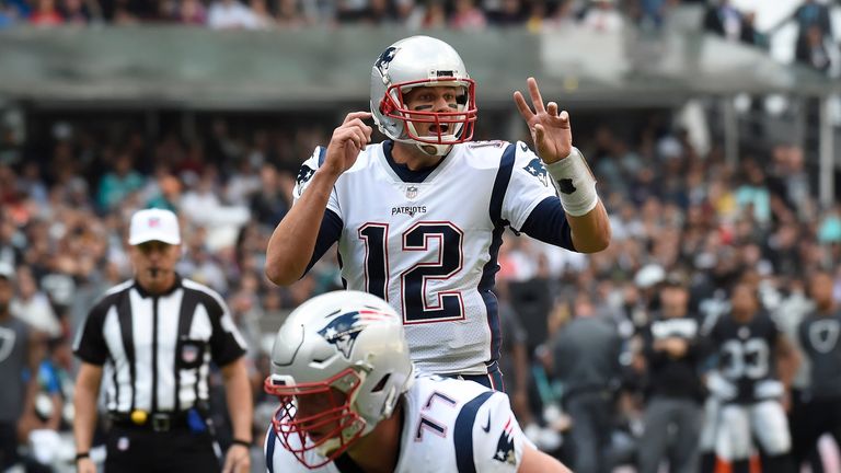 New England Patriots' Tom Brady gives instructions during the 2016 NFL week 11 regular season football game against Oakland Raiders on November 19, 2017 at
