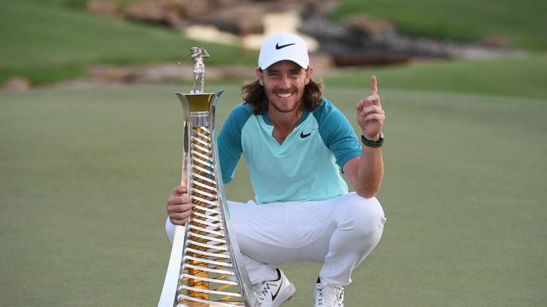 DUBAI, UNITED ARAB EMIRATES - NOVEMBER 19:  Tommy Fleetwood of England poses with the Race to Dubai trophy during the final round of the DP World Tour Cham