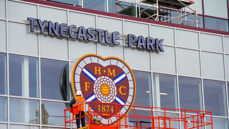 Work continues on the facade of the new main stand at Tynecastle.