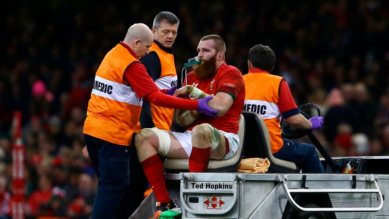 Wales' lock Jake Ball goes off the pitch injured during the Autumn international rugby union Test match between Wales and New Zealand at the Principality s