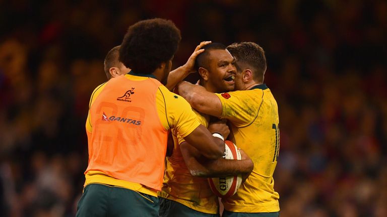 CARDIFF, WALES - NOVEMBER 11 2017:  Kurtley Beale of Australia celebrates scoring his sides fourth try with his team mates