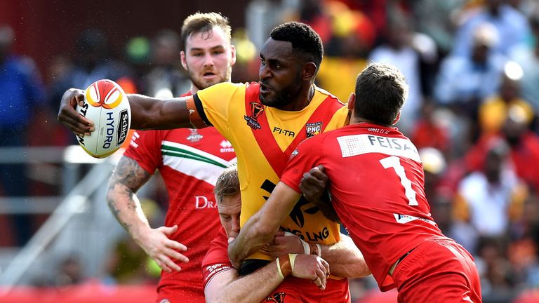 PORT MORESBY, OCTOBER 28:  Wellington Albert of Papua New Guinea looks to offload during the 2017 World Cup match between PNG and Wales