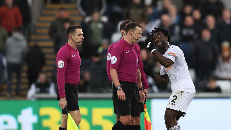 Wilfried Bony complains to referee Stuart Atwell after having a goal disallowed
