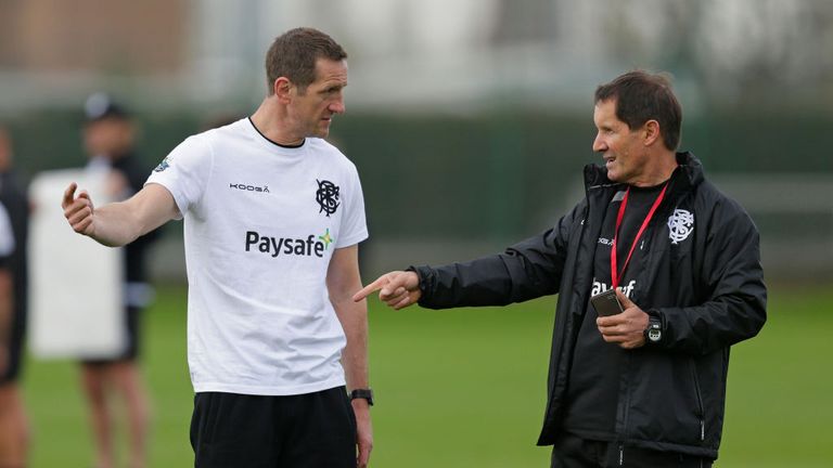 Robbie Deans (r) and Will Greenwood of Barbarians during a training session at Latymer Upper School playing fields on October 31, 2017