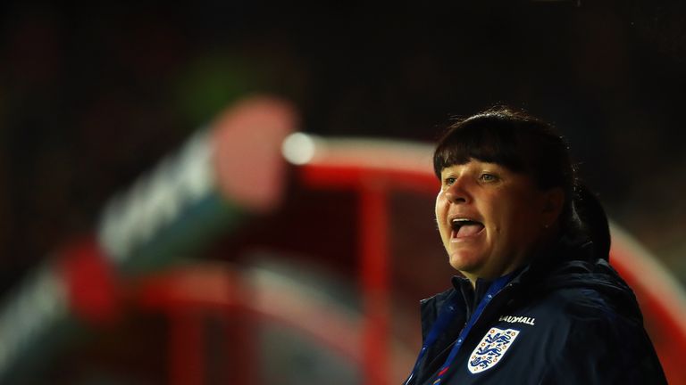 VALENCIENNES, FRANCE - OCTOBER 20:  England Manager / Head coach, Mo Marley signals to her players during the International friendly match between France a