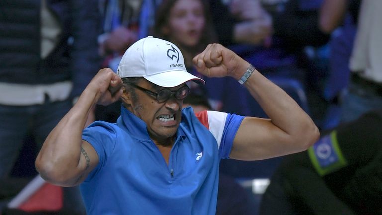 France's captain Yannick Noah reacts during the doubles tennis match at the Davis Cup World Group final between France and Belgium at Pierre Mauroy Stadium
