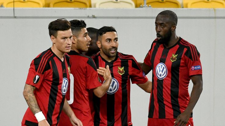 Ostersunds forward Saman Ghoddos celebrates with team-mates after scoring during the UEFA Europa League football match against Zorya Luhansk