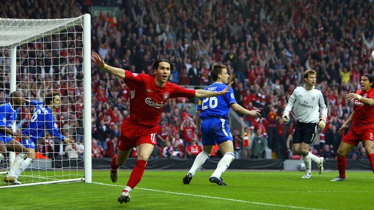 LIVERPOOL, United Kingdom:  Sequence 7 of 7 - Liverpool's Luis Garcia (C) celebrates scoring a goal as Chelsea's William Gallas (L) tried to clear the ball