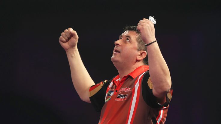 Mensur Suljovic celebrates his win on day five of the William Hill World Darts Championship at Alexandra Palace