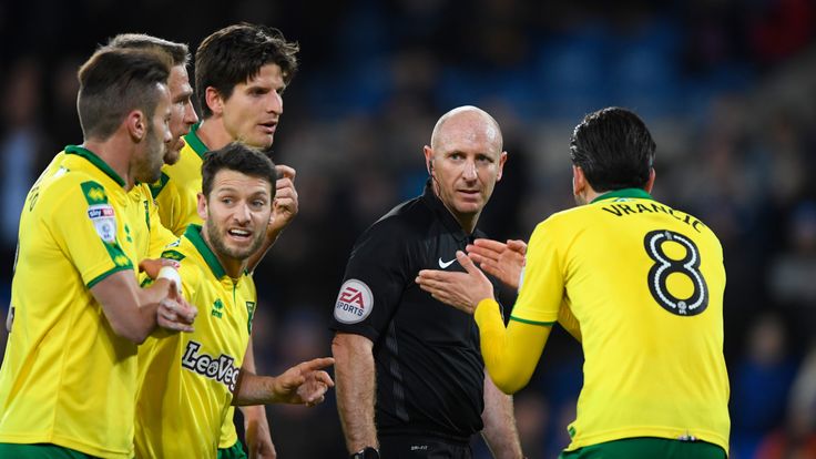 CARDIFF, WALES - DECEMBER 01:  Referee Andy Davies reacts with the Norwich players during the Sky Bet Championship match between Cardiff City and Norwich C