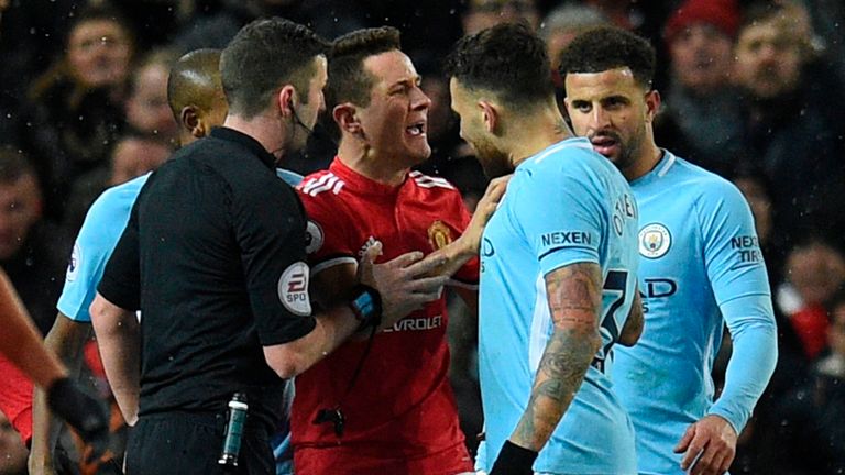 Ander Herrera remonstrates with Nicolas Otamendi at Old Trafford on Sunday