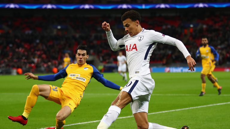 Dele Alli of Tottenham turns Praxitelis Vouros of Apoel during the UEFA Champions League group H match in December 2017