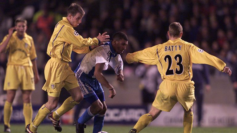 Deportivo's Djalminha wriggles away from Lee Bowyer and David Batty of Leeds in the 2001 Champions League quarter-final