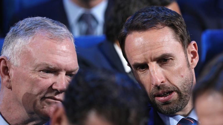 Greg Clarke wears Rainbow Laces badge as he speaks to Gareth Southgate, Manager of England during the Final Draw for the 2018 FIFA World Cup Russia