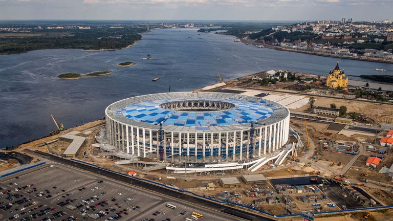 An aerial photo taken on August 26, 2017 shows the Nizhny Novgorod Stadium in Russia. It will host games at the FIFA World Cup 2018..