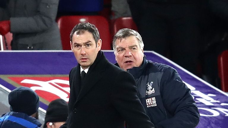 Swansea City manager Paul Clement and Sam Allardyce who was boss of Crystal Palace at the time