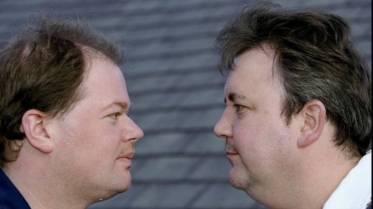 27 Oct 1999:  Raymond Barneveld and Phil Taylor pose beofre the Skol head to head challenge in Wembley Conference Centre in London, England.  \ Mandatory C