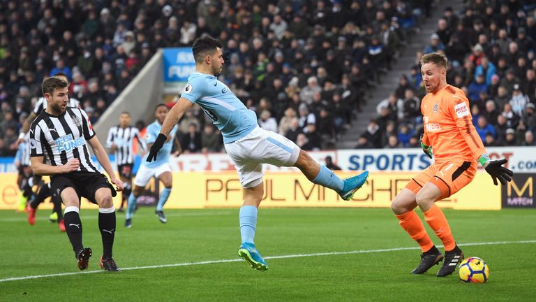 Sergio Aguero of Manchester City hits the post against Newcastle.