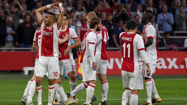 AMSTERDAM, NETHERLANDS - AUGUST 2: 
AJAX players celebrate a goal during the UEFA Champions League Qualifying Third Round: Second Leg match between AJAX Am