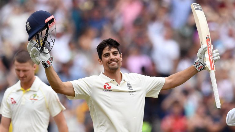 England's batsman Alastair Cook (R) celebrates scoring his double century against Australia on the third day of the fourth Ashes cricket Test match at the 