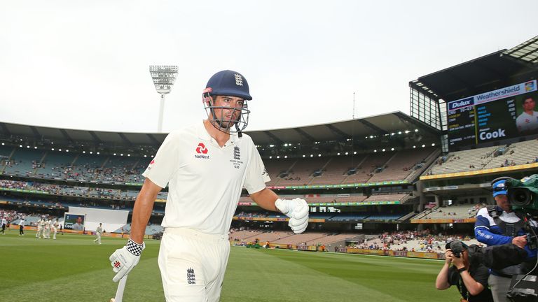 MELBOURNE, AUSTRALIA - DECEMBER 29:  Alastair Cook of England leaves the field unbeaten after Australia dismissed England during day four of the Fourth Tes