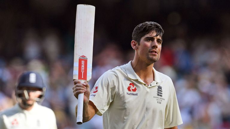 England's batsman Alastair Cook celebrates scoring his century against Australia on the second day of the fourth Ashes cricket Test match at the MCG in Mel