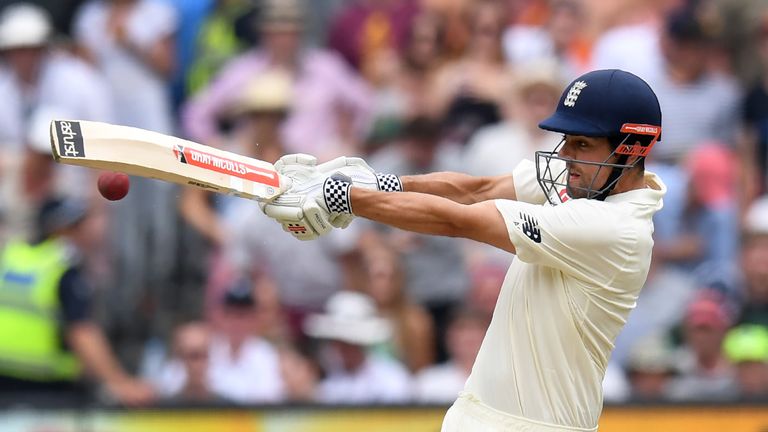 England's batsman Alastair Cook hooks a delivery from the Australian bowling on the third day of the fourth Ashes cricket Test match at the MCG in Melbourn