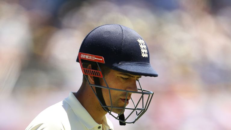 PERTH, AUSTRALIA - DECEMBER 14:  Alastair Cook of England looks dejected after being dismissed by Mitchell Starc of Australia during day one of the Third T