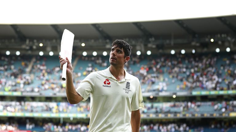 MELBOURNE, AUSTRALIA - DECEMBER 27:  Alastair Cook of England raises his bat as he leaves the ground on 104 not out during day two of the Fourth Test Match