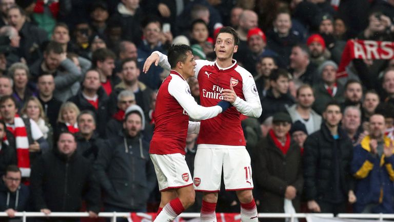 Alexis Sanchez celebrates his goal in the north London derby against Tottenham with team-mate Mesut Ozil
