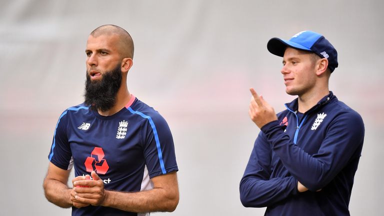 ADELAIDE, AUSTRALIA - DECEMBER 01:  (L-R) Moeen Ali of England and Mason Crane of England look on during an England nets session at Adelaide Oval on Decemb