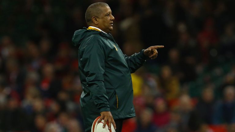 South Africa's head coach Allister Coetzee watches his players warm up before the international rugby union test match between Wales and South Africa at th