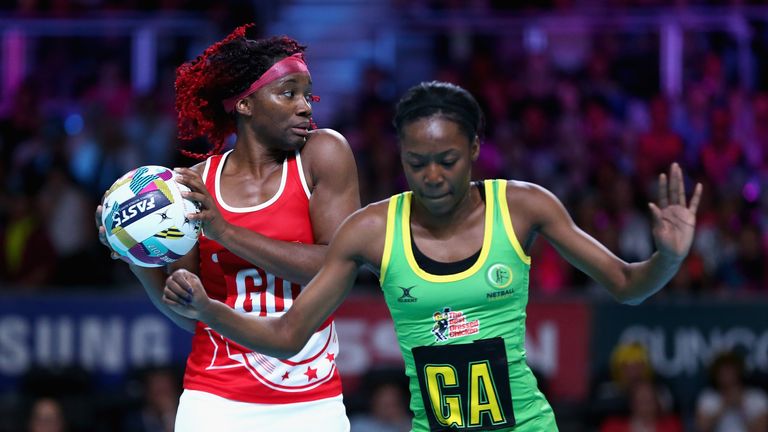 MELBOURNE, AUSTRALIA - OCTOBER 29:  Ama Agbeze of England gathers the ball during the Fast5 World Series Netball match between Jamaica and England at Hisen