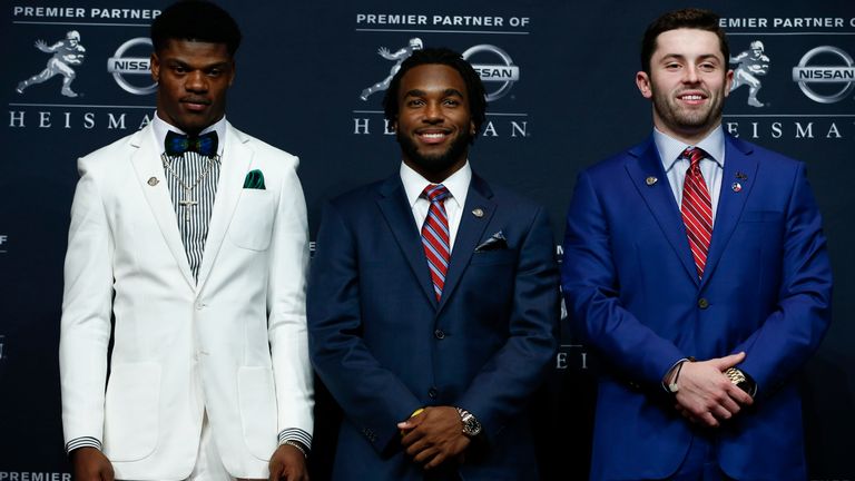 Lamar Jackson of Louisville (L), Bryce Love of Stanford and Baker Mayfield of Oklahoma 