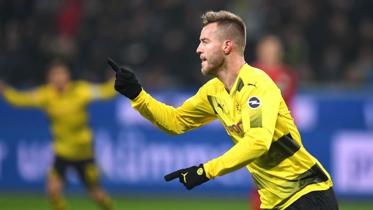 Dortmund forward Andriy Yarmolenko celebrates after scoring against Bayer Leverkusen