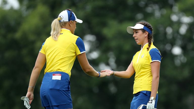 during the morning fousomes matches in the 2017 Solheim Cup at Des Moines Golf Country Club on August 19, 2017 in West Des Moines, Iowa.