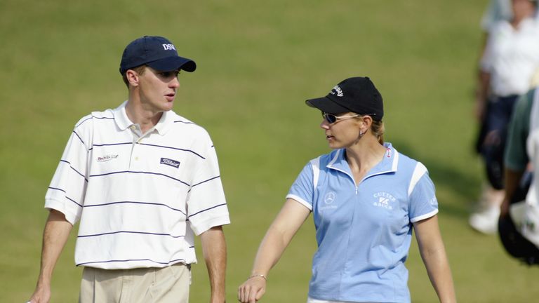 FT. WORTH, TX - MAY 23:  Annika Sorenstam of Sweden walks with one of her playing partners Aaron Barber on the 16th hole during the second round of the Ban