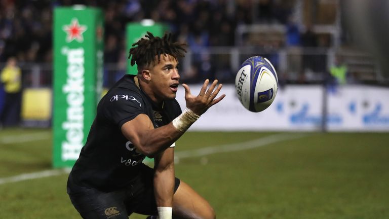 Anthony Watson of Bath celebrates after scoring his first try 