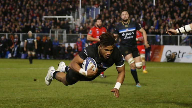 Anthony Watson scores his first try for Bath in their Champions Cup clash with Toulon